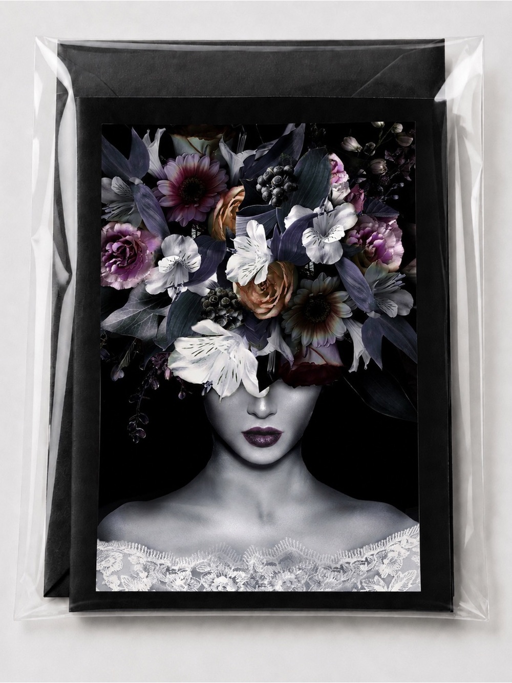 Moody Floral Portrait Luxury Art 5x7 Greeting Card Set of 10 | Blank | Envelopes